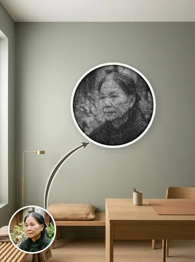 Tranh chỉ chân dung khung tròn 50cm, đặt cạnh ảnh gốc để so sánh — mẫu 148